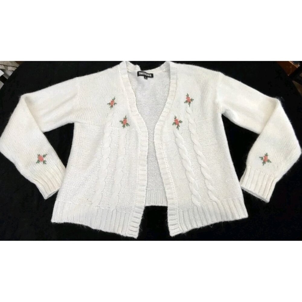 Sweet & Sinful Women Ivory Cardigan Open Front Size XL Embroidered Flowers 🌹